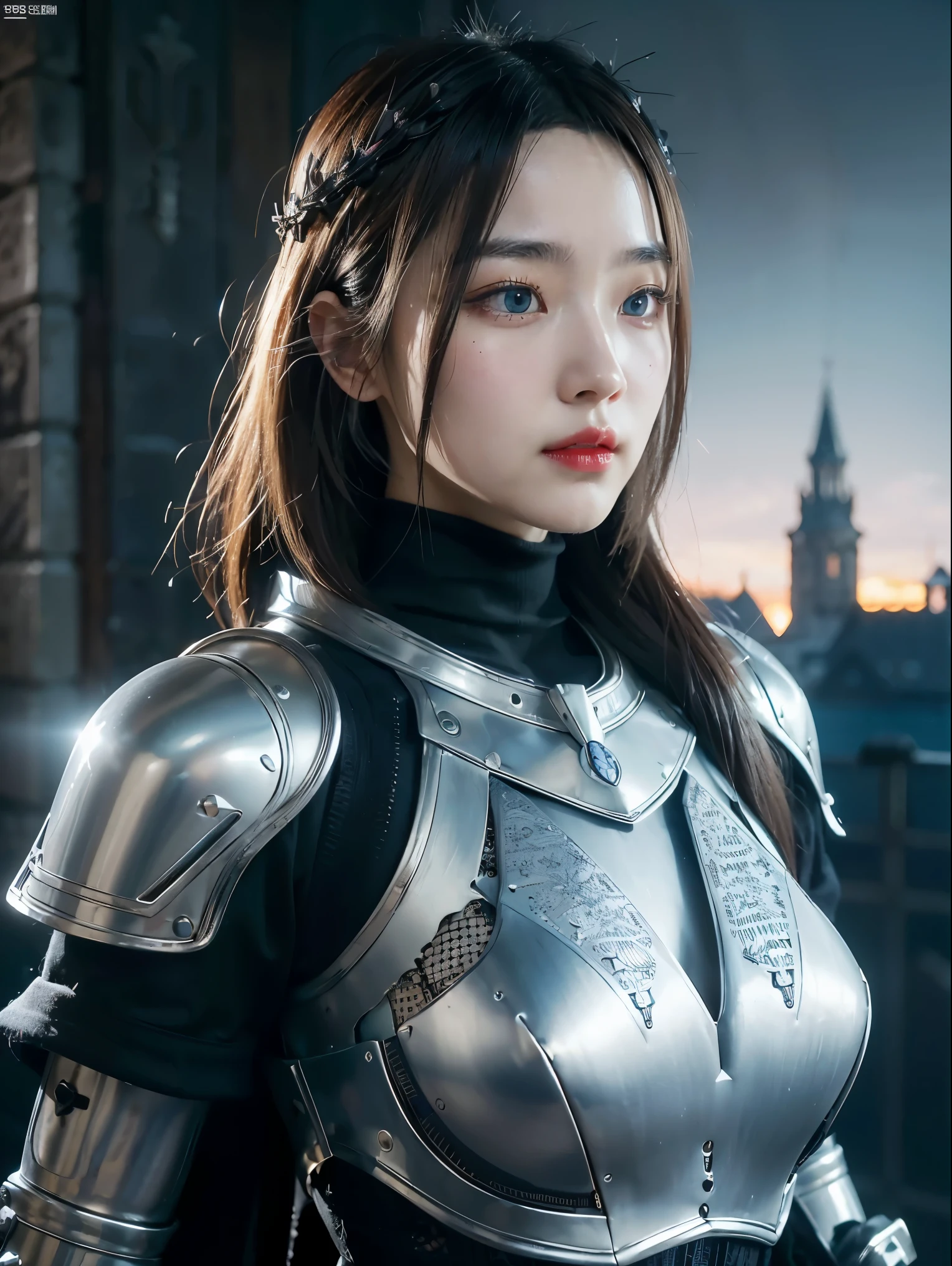 Masterpiece, Best quality, high resolution, 8K, Portrait, Realistic photo,（ Combine clothing with Korean fashion design），Digital photography, full bodyesbian, 1 1 girl, (Cyborg), Beautiful blue-gray gradient long hair, Blue eyes, Intricate, elegant, Highly detailed, The crown of evil, Black dress, ,Silver metal exoskeleton armor, Intricate knightly hollow armor,power armour, Openwork design, mechanical structure, Photo pose, Solemn,, Red lips, From the movie《Final Fantasy XV》.Metallic texture, oc rendered，Reflective texture, ((Clothing cutting)), ((Set against the backdrop of the castle and the huge Moster))