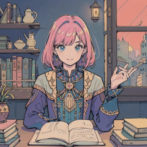 (praise), ((side shot)),(smile),magical research, Reading a book, Wearing Glass, Pink Hair,Fluffy bob cut,Shoulder length, eveni...