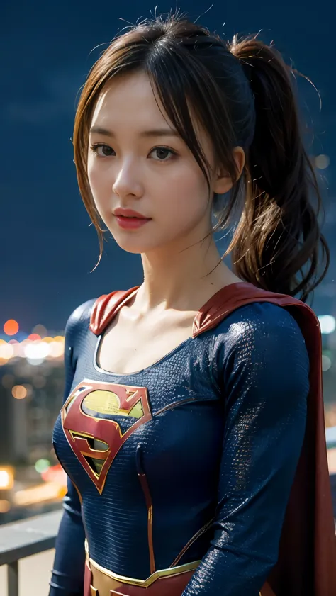 (Supergirl DC comics), Upper body shot, portrait photography, high contrast, vibrant colors, neon at night lights, best quality,...