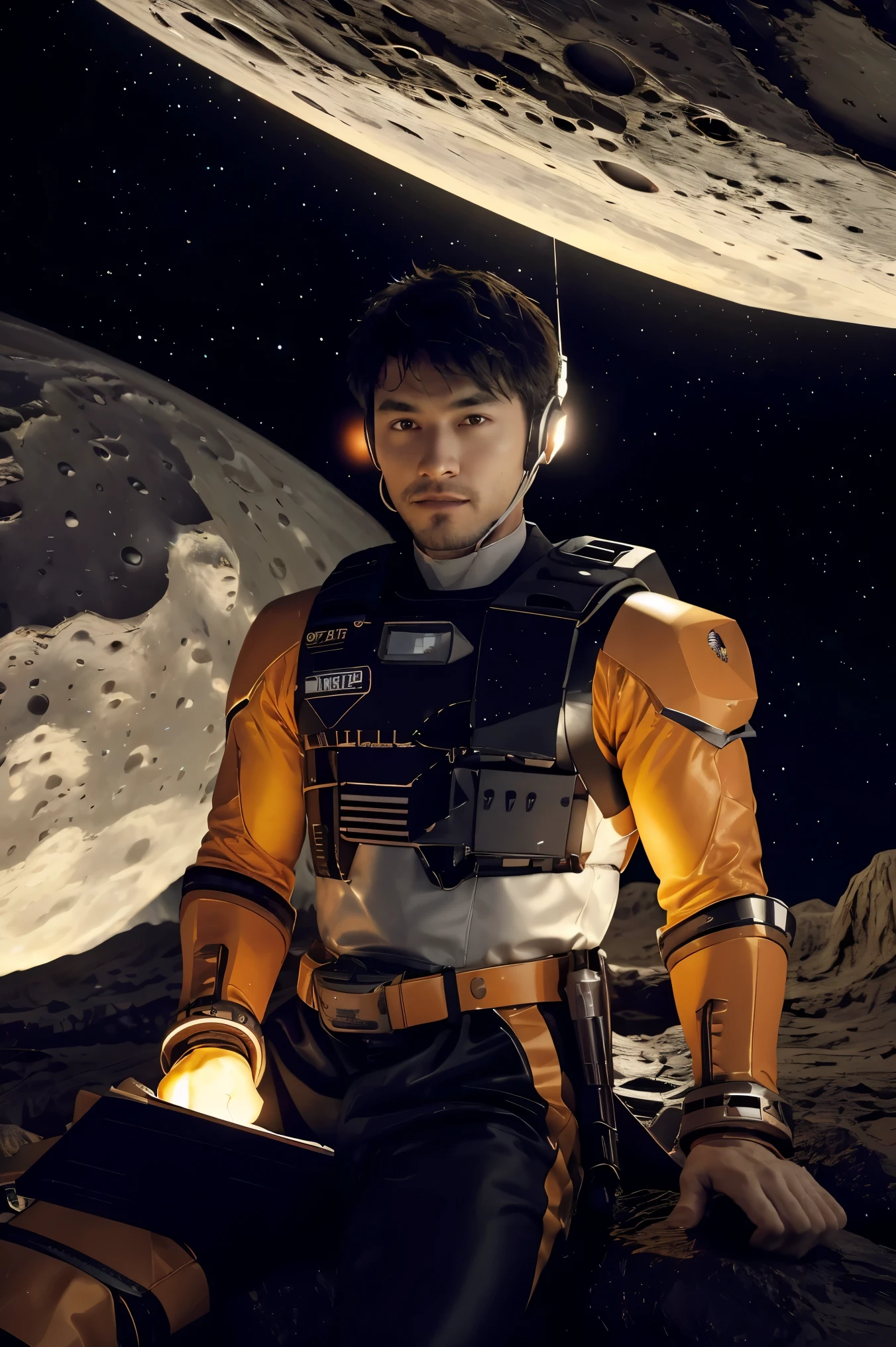 Draw a young programmer, sitting on a research platform floating in the middle of an asteroid belt. He is studying with a notebook, surrounded by several asteroids glowing with fiery auras. Dramatic lighting from distant stars and planets illuminates the scene, casting deep shadows on the suit. The young man looks confident and determined, looking at the vast and mysterious universe with wonder and respect,facial hair, cowboy shot,