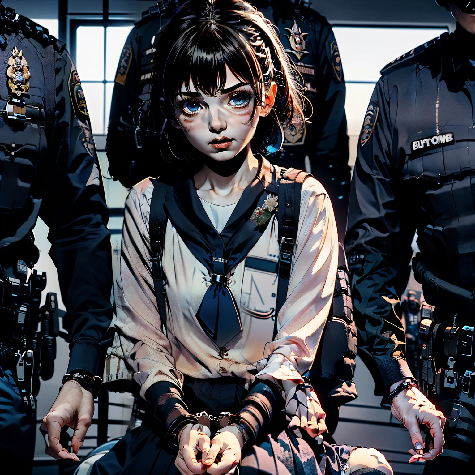 1girl, (solo:1.2), [slim], (small chest), pale skin, ((detailed eyes)), (bokeh effect), (dynamic angle), one girl with handcuffed wrists sitting in interrogation room, scared expressions:1.2, torn clothes. 