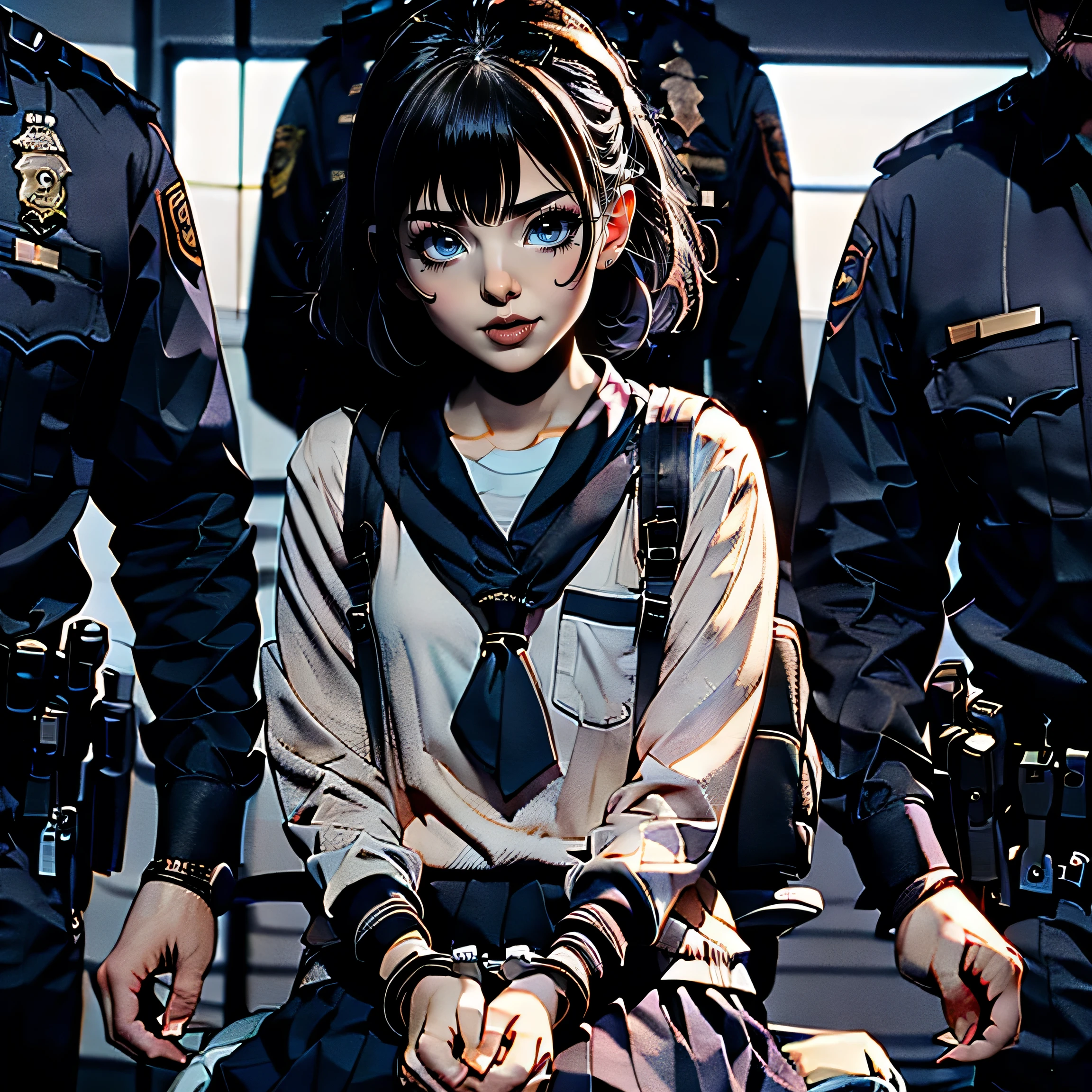 1girl, (solo:1.2), [slim], (small chest), pale skin, ((detailed eyes)), (bokeh effect), (dynamic angle), one girl with handcuffed wrists sitting in interrogation room, scared expressions:1.2, torn clothes. 