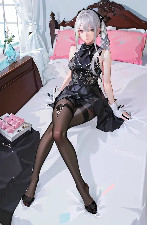 (((1 girl)),Ray Tracing,(Dim lighting),[Detailed Background (Bedroom)),((Silver Hair)),((Silver Hair)),(Fluffy Silver Hair, Plump and slender girl)) Raised ponytail)))) Avoid blonde eyes in the ominous Bedroom ((((Girls、She wears intricately embroidered bl...