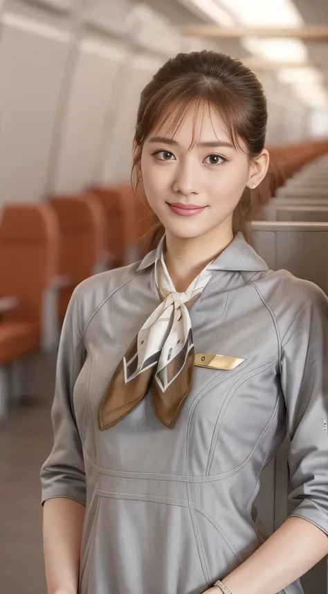 Starlux Airlines silver short sleeve uniform、Earrings、Captivating look、Long hair updo、Evening updo、Young Japanese Woman