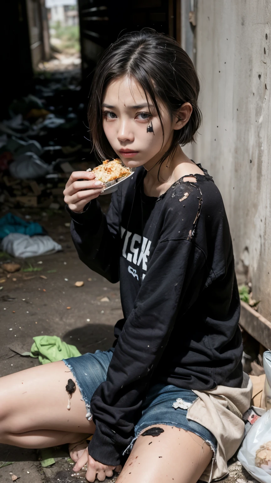 Eating emergency food,aespakarina,Bobcut,Beggar,beggar,(((Homeless))),in abandoned style room,Bad complexion,Dirty,Full of trash,Korean,2 female,Pitch black,Tattered clothes,((( Oil,Mud stains,shit,dirty))),(((Frowning))),((((Rubble pile))),Very fine eye, (((Wearing tattered black clothing,He&#39;s wearing ripped black pants))),(((Tragic))),((photograph)),(((Fabric Shading))), (((highest quality))), (((masterpiece))) Bullish girl, ((((Realistic)))),Black Hair, chic hairstyle, ((With bangs,ストレートミディアムBobcut, nice hair)), Light makeup,Red eyes, (((I&#39;m not wearing lipstick))), (nice), Centered Images, Looking at the camera, Elegant colors,Realistic Skin,Realistic texture,８k,whole body,Pale skin,Red iris,Perfect Face,(((Big eyes))),ruanyi0181