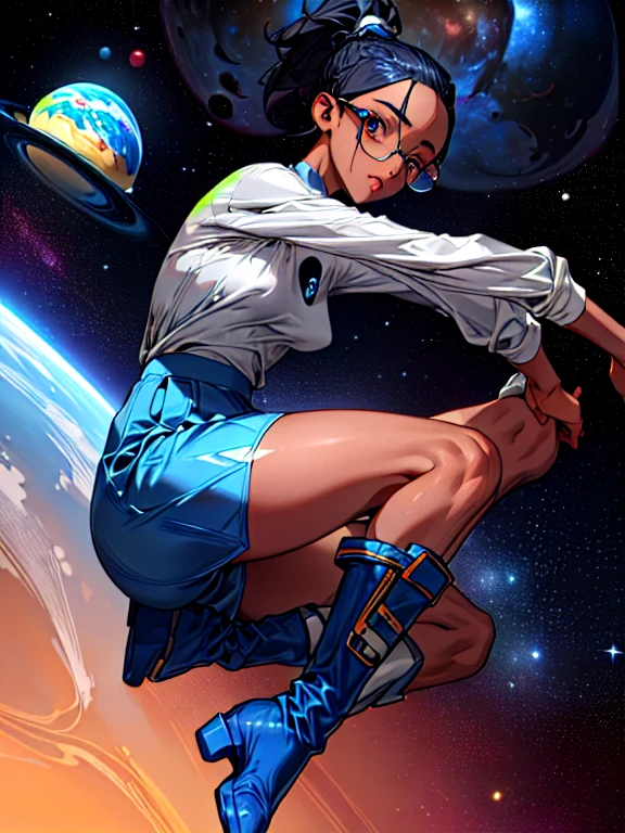One girl, dark skin, Small breasts, wears thick-framed glasses that accentuate his facial features, Short hair, Ponytail and gray, Silver Shirt, She is wearing a tight shirt underneath her shirt, Vibrant color details reminiscent of stars and planets in space, Blue skirt and high-top boots with non-slip soles,