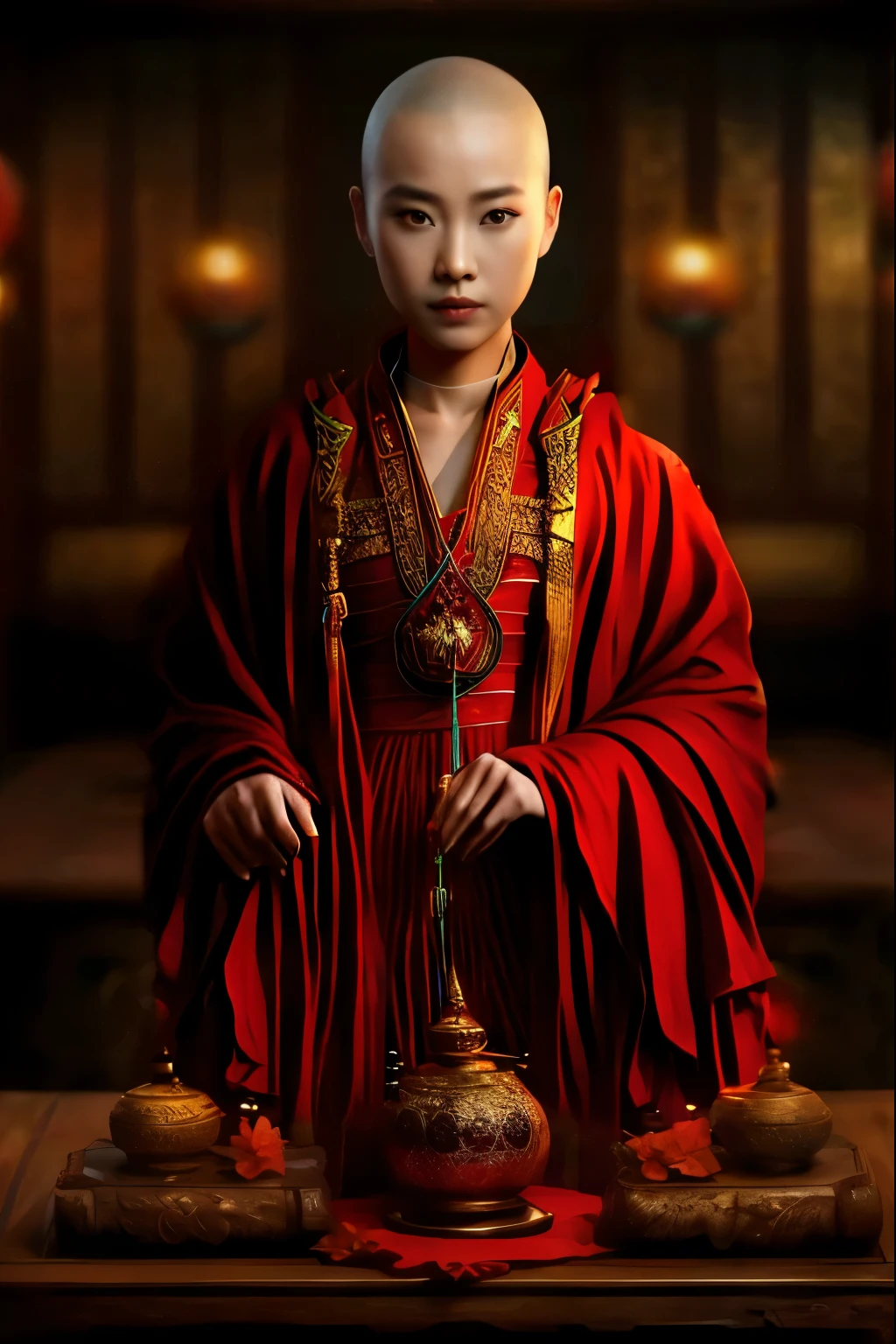 A red-robed Arafed monk was standing at the table eating., 映画のgoddessショット, Portrait of a priestess, Unreal Engine Rendering + goddess, matte painting portrait shot, Wearing a golden red robe, cgsociety uhd 4k highly detailed, Inspired by Lu Ji, 3d rendering character art 8k, 古代中国のgoddess, Portrait Photography