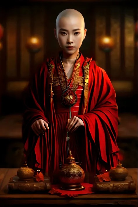 A red-robed Arafed monk was standing at the table eating., 映画のgoddessショット, Portrait of a priestess, Unreal Engine Rendering + go...