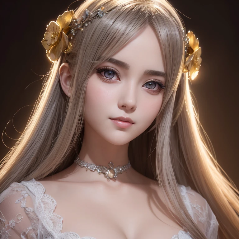 Beautiful girl,anime styled 3d,goddess face,big eyes,extre mely detailed face,with symmetrical detailed beautiful eyes,most beautiful smile in the world,noble,delicate,high detal,HD,120k,wlop,johan gnenier,digital painting,cinematic lighting,chiaroscuro