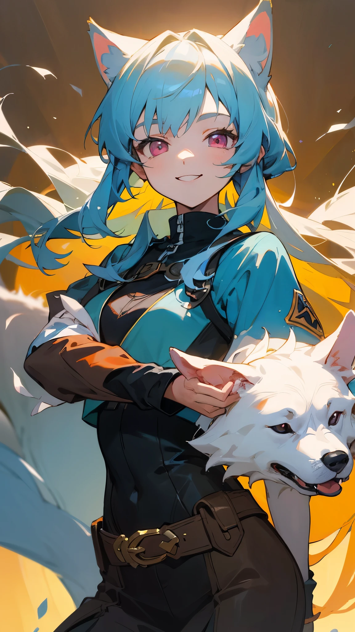 Portrait of one person、Anime-style paintings、16-year-old girl、Riders jacket、Slim figure、Light blue hair、Dog Ears、Pink Eyes、smile, impression, (Oil), Blue and orange tones、Zelda Style