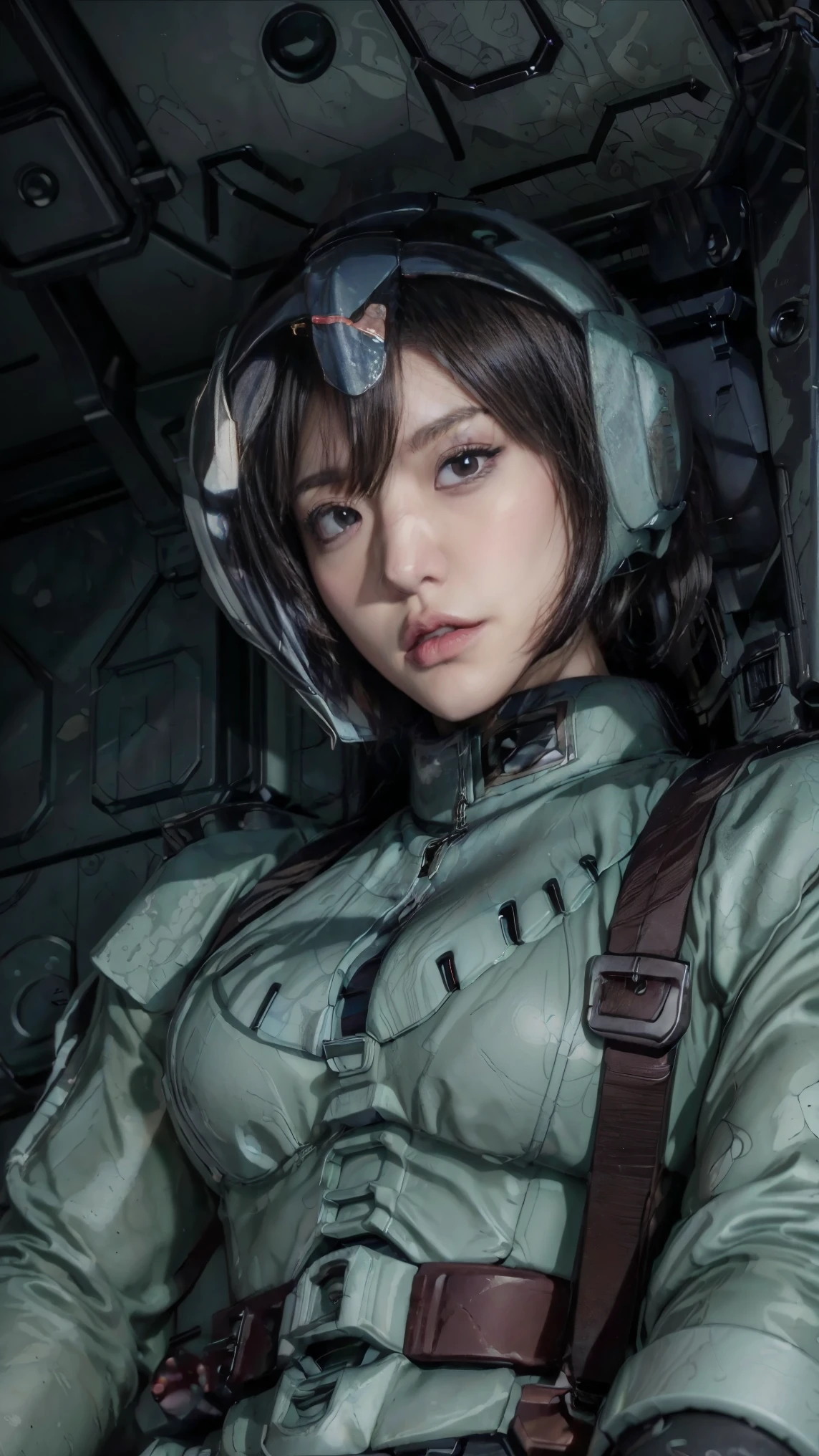 (((masterpiece,highest quality,In 8K,Very detailed,High resolution,Anime Style,absolutely))),A female Zeon pilot sitting in the cockpit,(alone:1.5),(Angelina Jolie:1.5),(((The background is a dark mobile suit cockpit..:1.5))),((Blur the background:1.5)),(Wearing a pilot suit:1.5),((Wearing a full-face helmet:1.5)),(Beautiful woman:1.5),(Detailed facial depiction:1.5),(Big Breasts:1.3),(wallpaper:1.5),(From below:1.5)