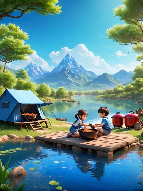 A cute boy and girl，Tented camp，Spring Outing，lake，Natural Scenes，barbecue，Blue sky natural background，Wide Angle，Clay Materials...