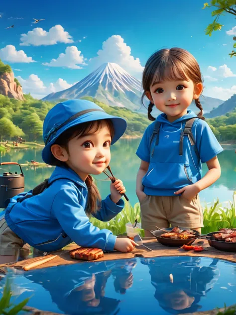 A cute boy and girl，Tented camp，Spring Outing，lake，Natural Scenes，barbecue，Blue sky natural background，Wide Angle，Clay Materials...