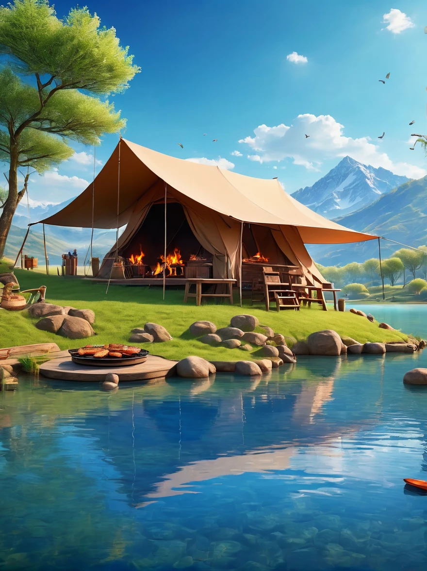 A man travels，real picture，Tented camp，Spring Outing，lake，Natural Scenes，barbecue，Blue sky natural background，Clay Materials，Clean background，Skyline design，3D，c4d，Blender，Natural light，Light group photo，Very high detail with rim light，Intricate details，8k, UHD, masterpiece, ccurate, anatomically correct, textured skin, award winning