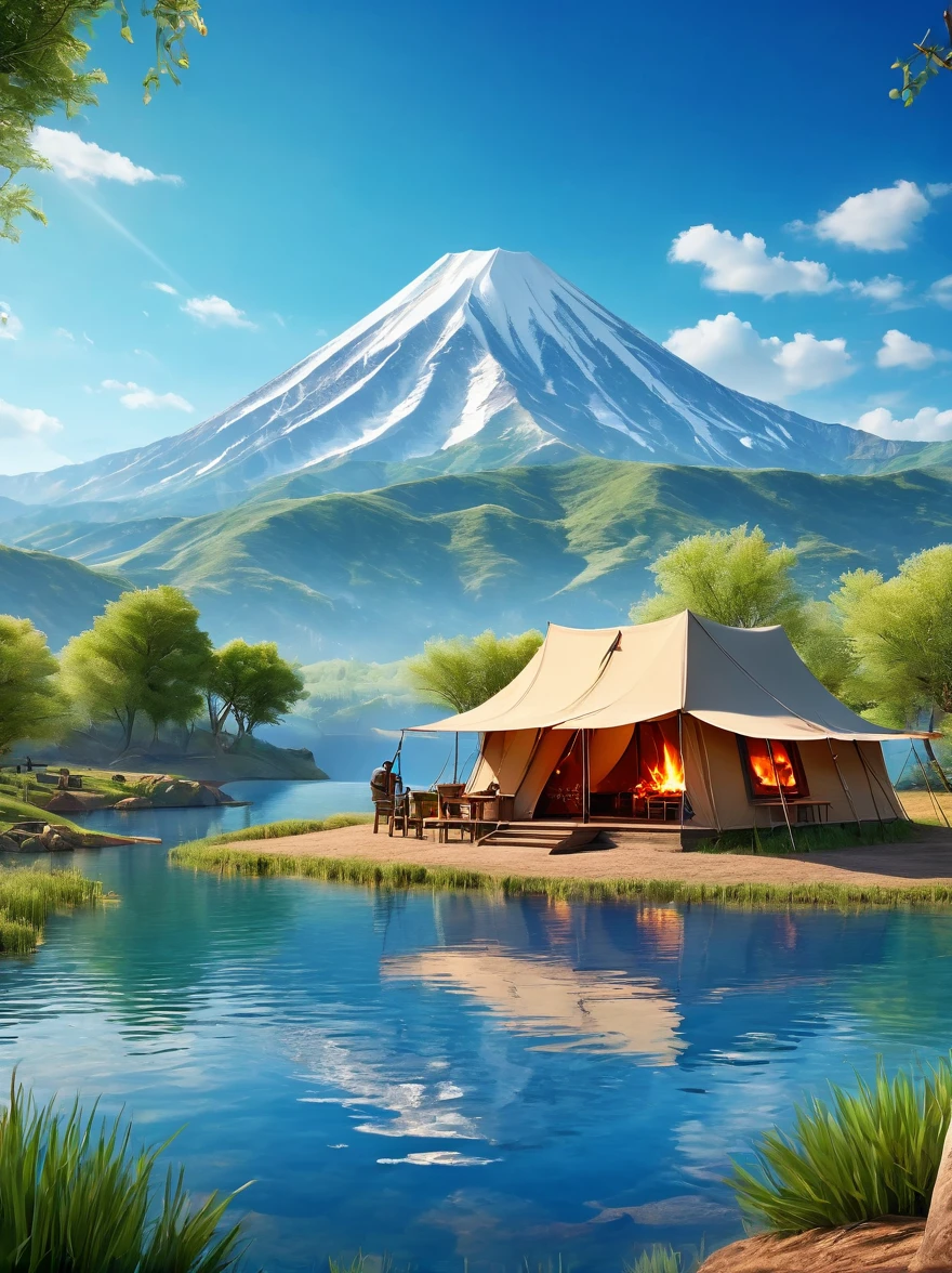 Un homme voyage，image réelle，Camp de tentes，sortie de printemps，Lac，Scènes naturelles，barbecue，Fond naturel de ciel bleu，Matériaux d&#39;argile，fond propre，Conception d&#39;horizon，3D，c4d，mixeur，Lumière naturelle，Photo de groupe lumineuse，Très haut niveau de détail avec éclairage de jante，détails complexes，8k, UHD, chef-d&#39;œuvre, précis, Anatomiquement correct, peau texturée, primé