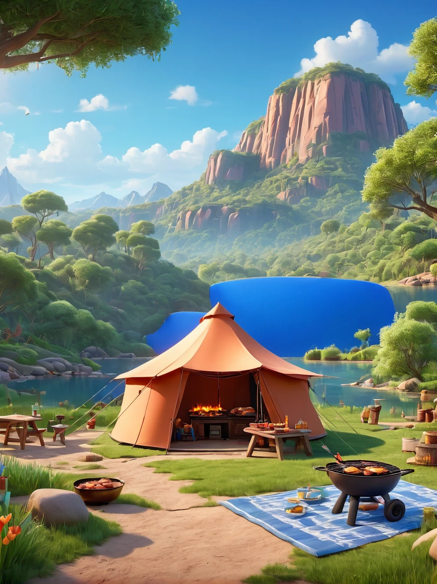 À la manière de Pixar，famille，Camp de tentes，sortie de printemps，Lac，Scènes naturelles，barbecue，Fond naturel de ciel bleu，Matériaux d&#39;argile，fond propre，IP du personnage，Conception d&#39;horizon，3D，c4d，mixeur，Lumière naturelle，Photo de groupe lumineuse，Très haut niveau de détail avec éclairage de jante，détails complexes，Pixar，8k, UHD, chef-d&#39;œuvre, précis, Anatomiquement correct, peau texturée, primé