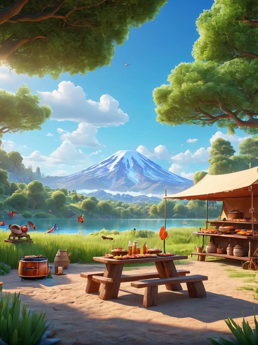 À la manière de Pixar，famille，Camp de tentes，sortie de printemps，Lac，Scènes naturelles，barbecue，Fond naturel de ciel bleu，Matériaux d&#39;argile，fond propre，IP du personnage，Conception d&#39;horizon，3D，c4d，mixeur，Lumière naturelle，Photo de groupe lumineuse，Très haut niveau de détail avec éclairage de jante，détails complexes，Pixar，8k, UHD, chef-d&#39;œuvre, précis, Anatomiquement correct, peau texturée, primé