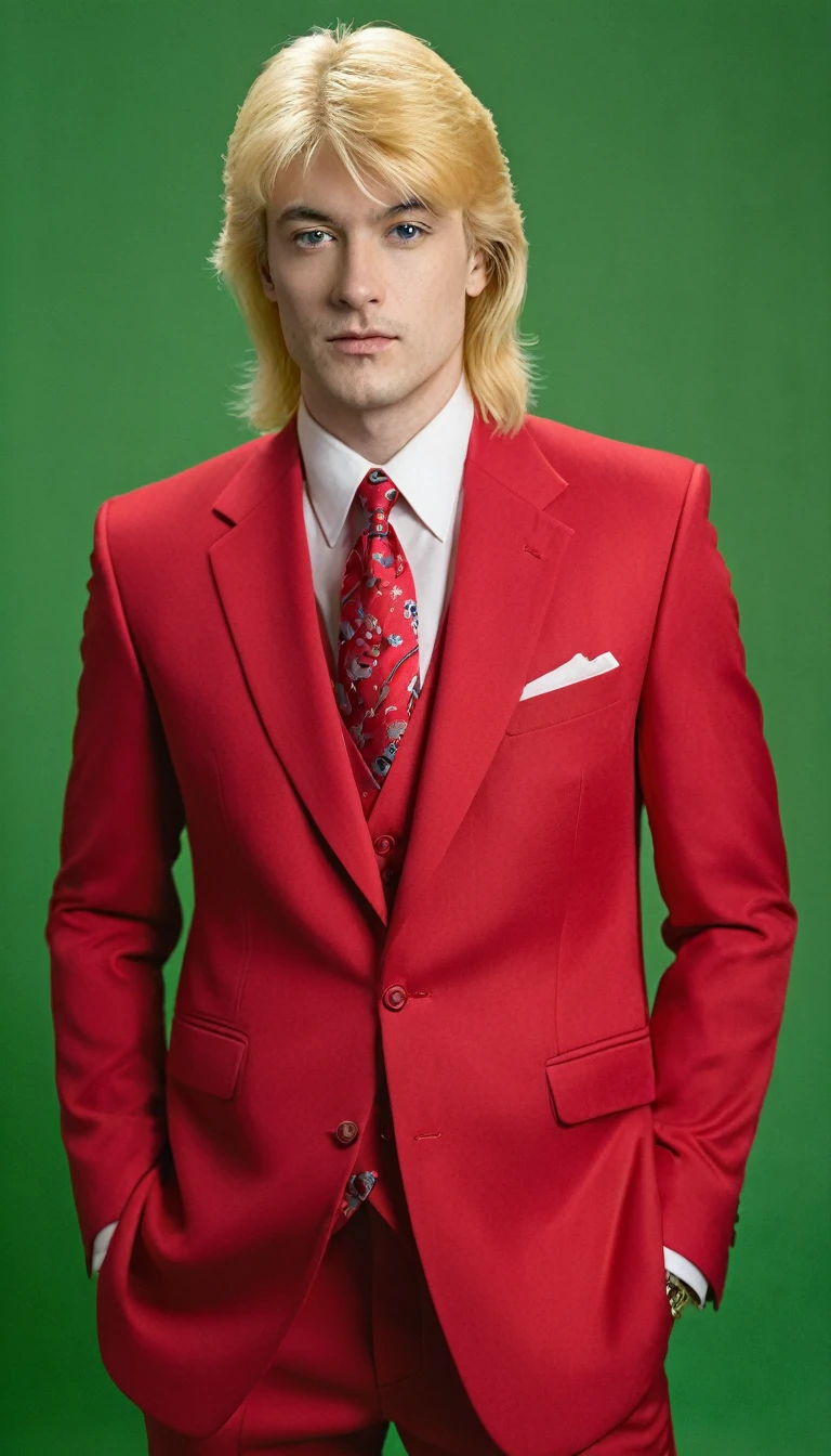 The image shows a man dressed in a red suit and red tie, standing in a room. He appears to be posing for a portrait, with his hair styled in a blond mullet. The man's outfit is well coordinated, and he appears to be dressed for a formal occasion. The room he is in appears to be a studio, as there is a green background behind him, which is often used for portrait photography.