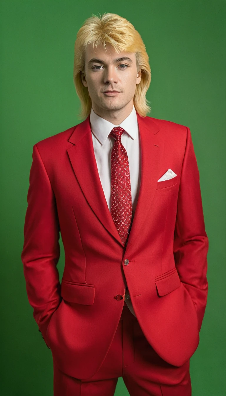 The image shows a man dressed in a red suit and red tie, standing in a room. He appears to be posing for a portrait, with his hair styled in a blond mullet. The man's outfit is well coordinated, and he appears to be dressed for a formal occasion. The room he is in appears to be a studio, as there is a green background behind him, which is often used for portrait photography.