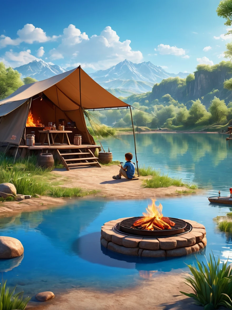 (1 chico:1.3)，viaje，imagen real，Campamento de tiendas de campaña，salida de primavera，lago，Escenas naturales，parilla，Fondo natural del cielo azul，Materiales de arcilla，Fondo limpio，diseño del horizonte，3D，c4d，licuadora，luz natural，Foto de grupo de luz，Detalle muy alto con luz de borde.，detalles intrincados，8K, HD, obra maestra, preciso, anatómicamente correcto, piel texturizada, premiado