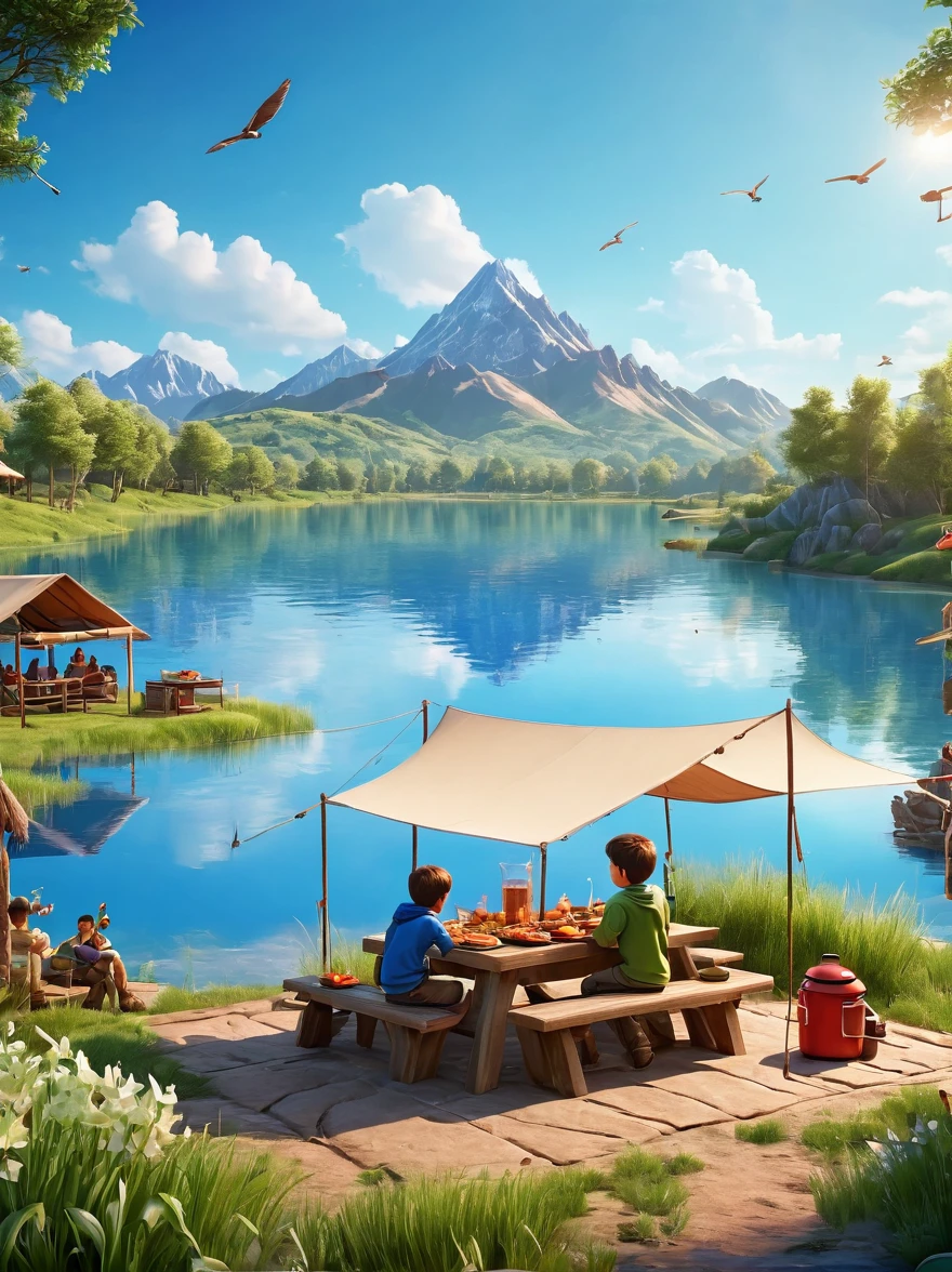 (1 menino:1.3)，viagem，imagem real，acampamento de tendas，passeio de primavera，lago，Cenas Naturais，churrasco，Fundo natural do céu azul，materiais de argila，fundo limpo，Projeto do horizonte，3D，c4d，Liquidificador，Luz natural，Foto de grupo leve，Detalhe muito alto com luz de aro，detalhes intrincados，8K, Ultra HD, obra de arte, preciso, Anatomicamente correto, Pele texturizada, premiado