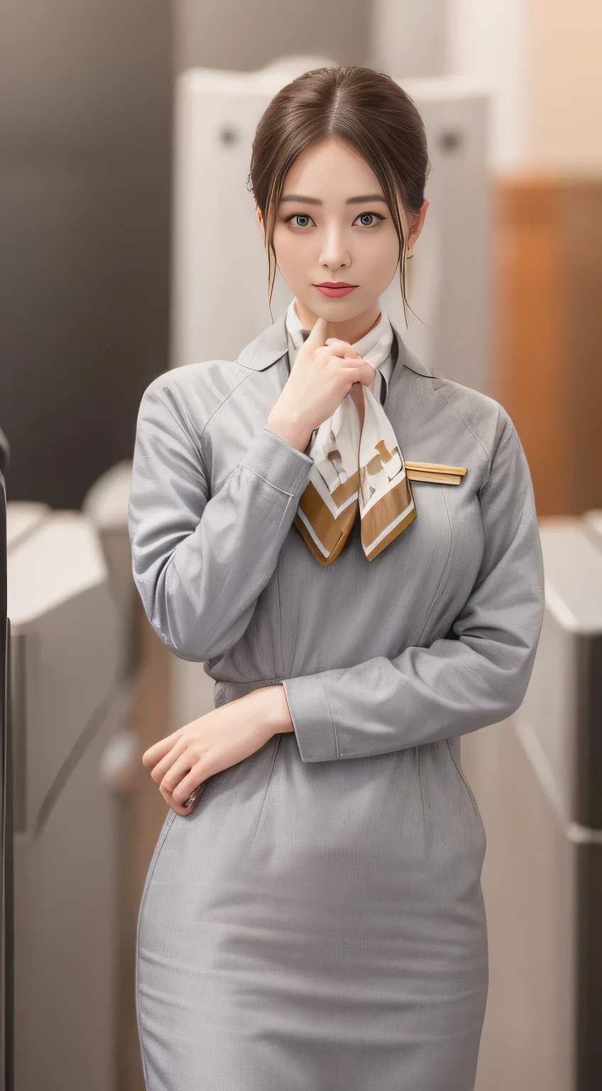 Uniforme argenté à manches courtes de Starlux Airlines、des boucles d&#39;oreilles、regard captivant、chignon cheveux longs、Chignon du soir、Jeune femme japonaise