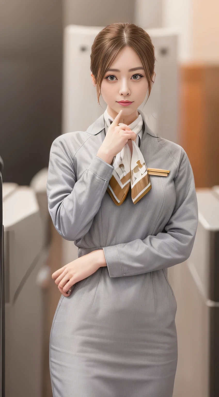 Uniforme argenté à manches courtes de Starlux Airlines、des boucles d&#39;oreilles、regard captivant、chignon cheveux longs、Chignon du soir、Jeune femme japonaise