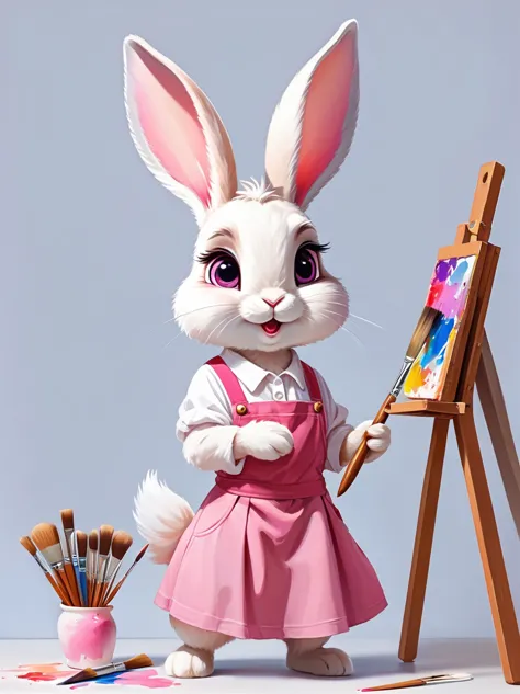 A cute rabbit wearing a white top and a pink skirt，Hold the palette in your left hand，Hold a paintbrush in your right hand，Big e...