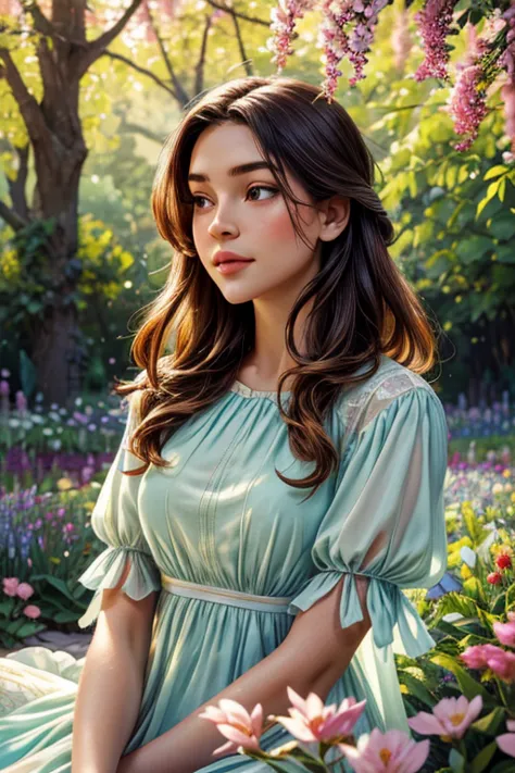 a beautiful girl in a garden,watercolor,soft colors,delicate flowers and trees,best quality,highres,vivid colors,detailed face,f...