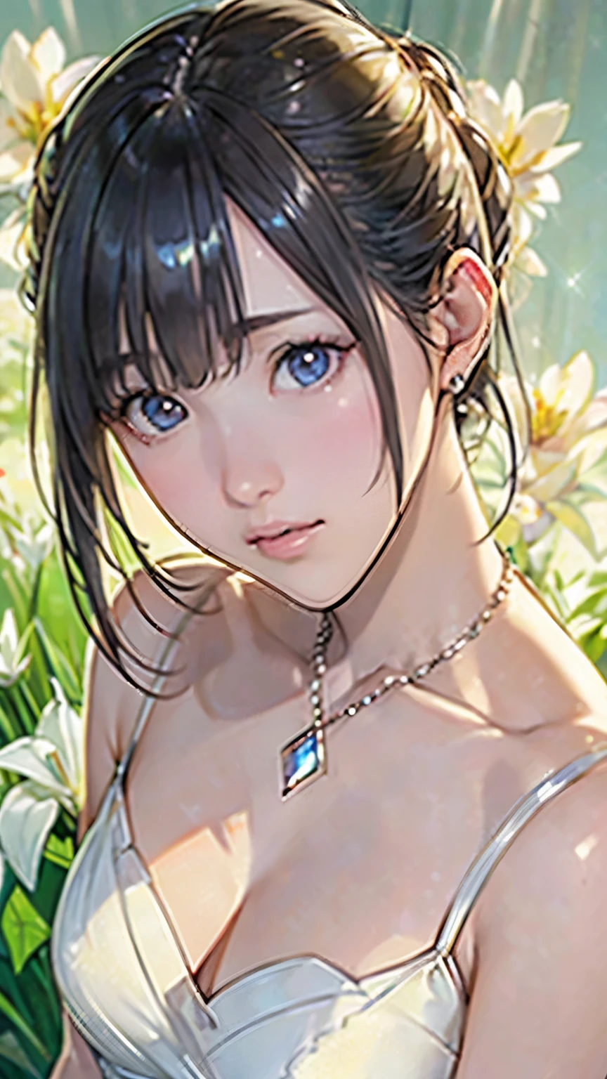 masterpiece, highest quality, Awareness-raising, Platinum Earrings, Platinum Necklace, White Dress, One Girl, cute, (Dynamic Lighting:1.2), Cinematic lighting, Delicate facial features, Detailed eyes, Sharp pupils, Realistic students, Depth of written boundary, ボケ Depth of written boundary, Sharp focus, (Ultra-detailed, bloom, Shine:1.4), Lots of little gems、　Red Neon