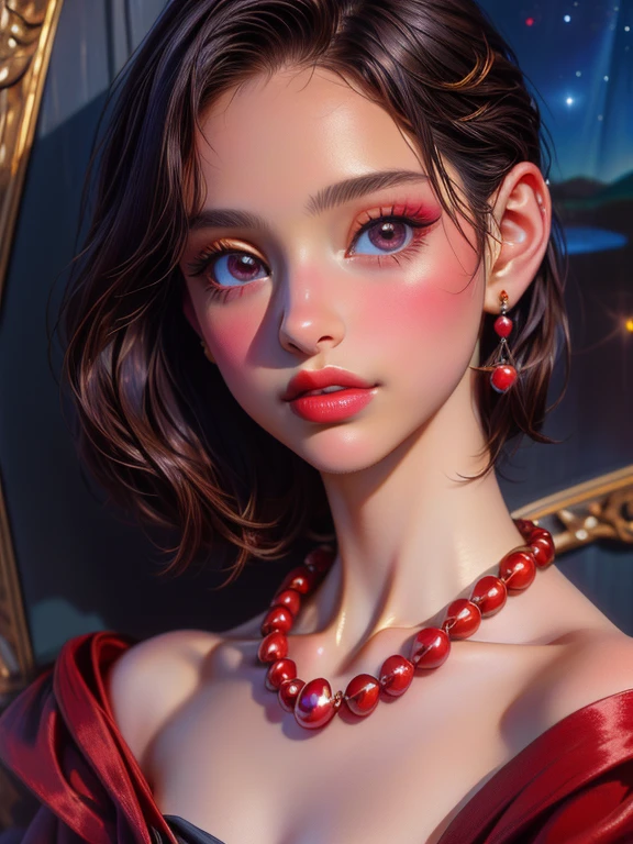 {{masterpiece、highest quality、(((Realistic、Realistic:1.37)))、8K quality}}, Natalie Portman, oil, Renaissance, Leonardo da Vinci, model, Modern Style, Modern Fashion, Idol, nice, Short hair red pearl necklace, earrings, modern makeup, Red lipstick, Starry Night, Black star dress, ring, Defined strokes