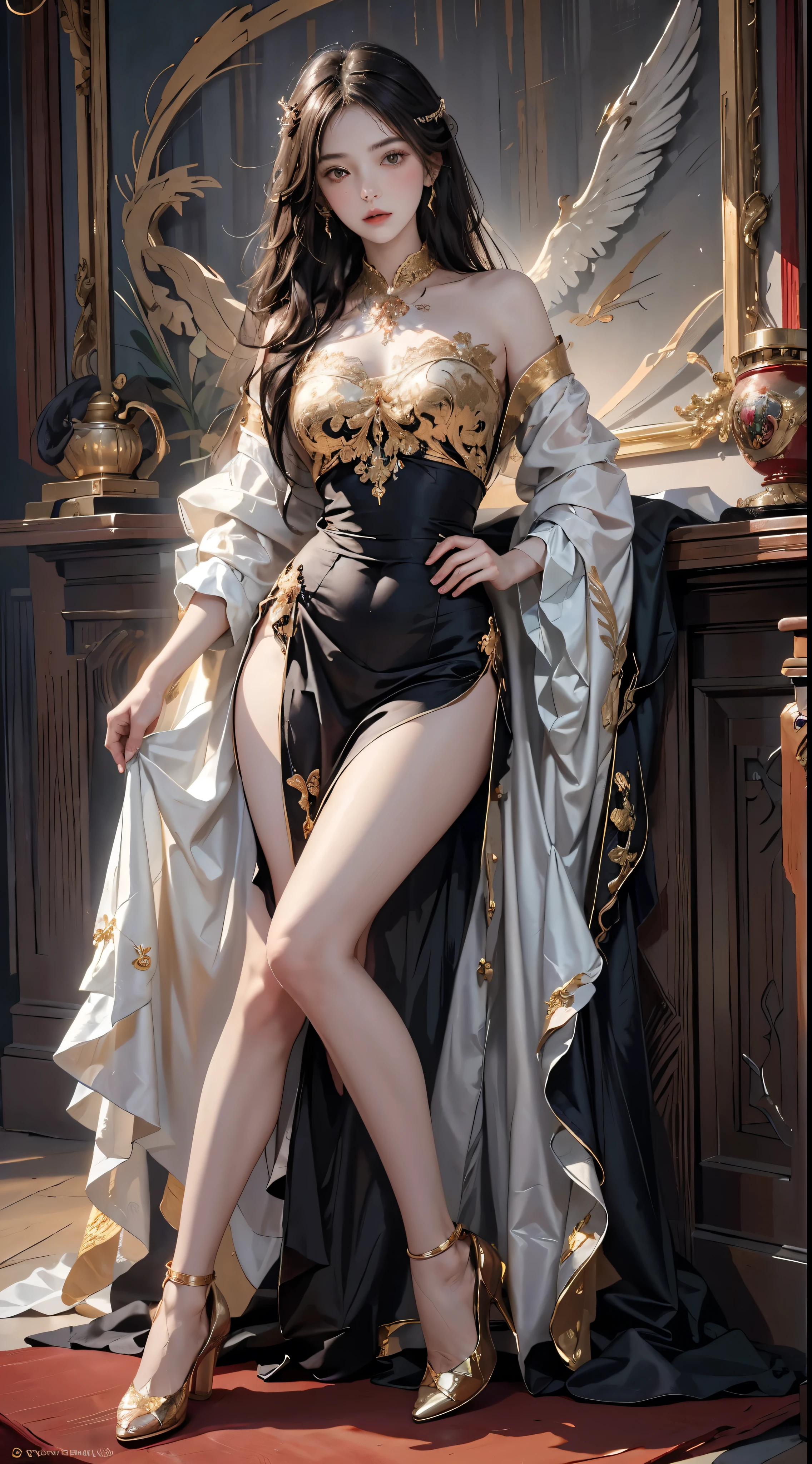 ((masterpiece, best quality)), Delicate face, Character Design Sheet，Full Body Love, Rich in details, Multiple poses and expressions, Very detailed, depth, Many parts，beautiful girl，Movie Lighting，Luminescence，red and gold，Phoenix decoration，Gauze，Lace，lace pantyhose，High heel