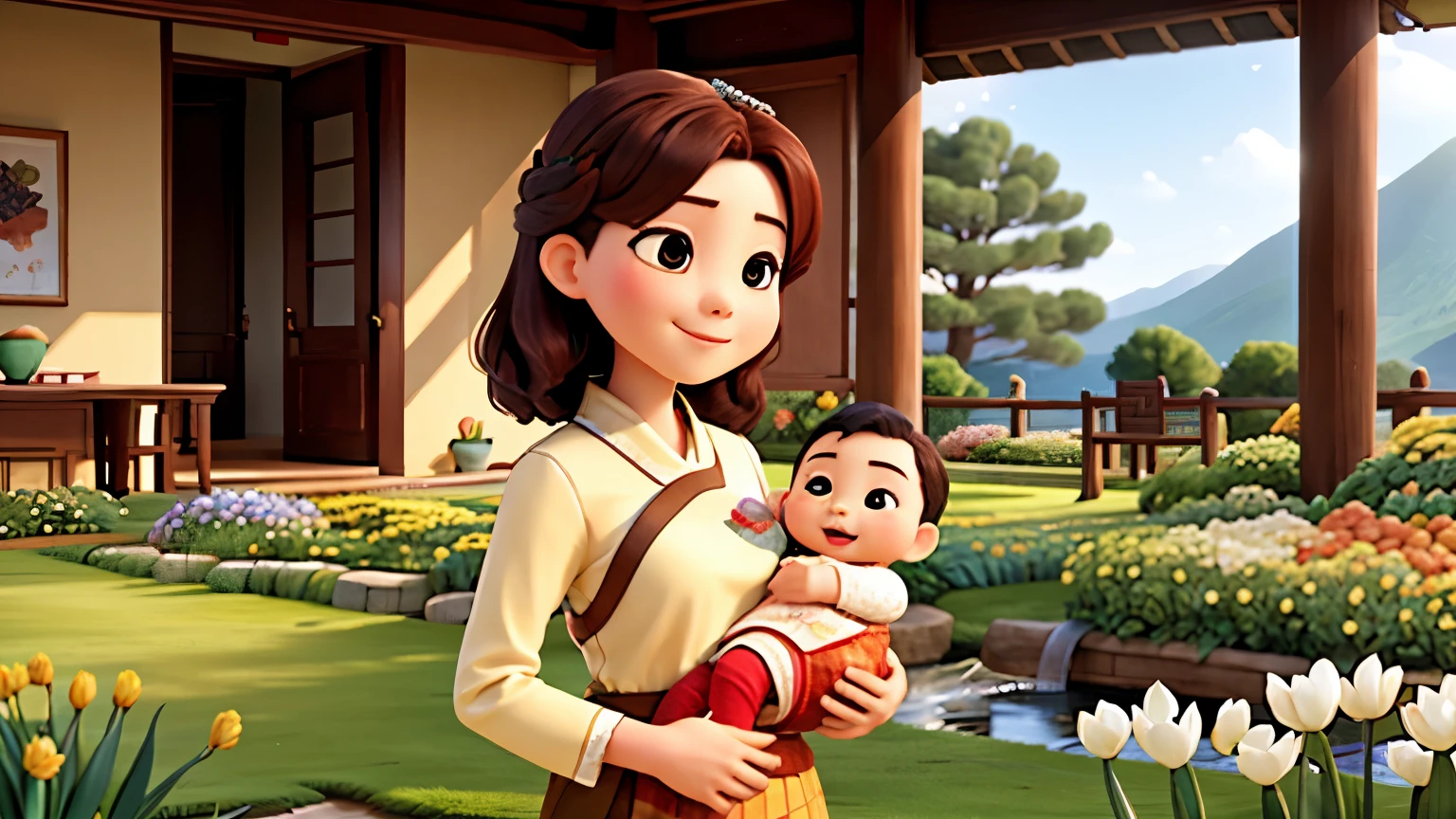 a young chinese mother, Holding her baby, The background is a spring landscape, A thriving mood, Cultivation, Nourishing, sunlight, role conception.