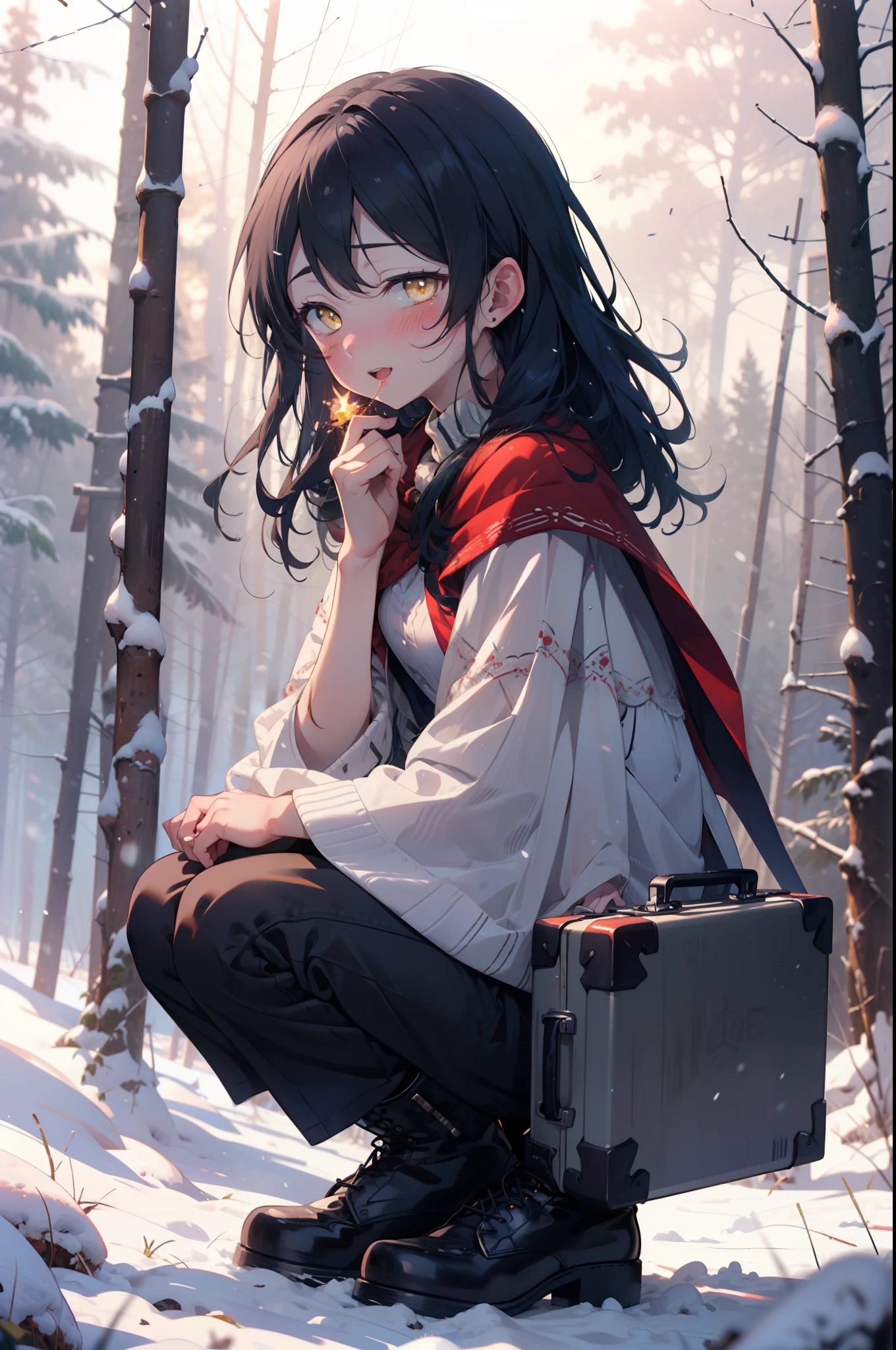 You are so kind, umi sonoda, Long Hair, Blue Hair, (Yellow Eyes:1.5) (Flat Chest:1.2),smile,blush,White Breath,
Open your mouth,snow,A bonfire on the ground, Outdoor, boots, snowing, From the side, wood, suitcase, Cape, Blurred, Increase your meals, forest, White handbag, nature,  Squat, Mouth closed, フードed Cape, winter, Written boundary depth, Black shoes, red Cape break looking at viewer, Upper Body, whole body, break Outdoor, forest, nature, break (masterpiece:1.2), highest quality, High resolution, unity 8k wallpaper, (shape:0.8), (Beautiful and beautiful eyes:1.6), Highly detailed face, Perfect lighting, Highly detailed CG, (Perfect hands, Perfect Anatomy),