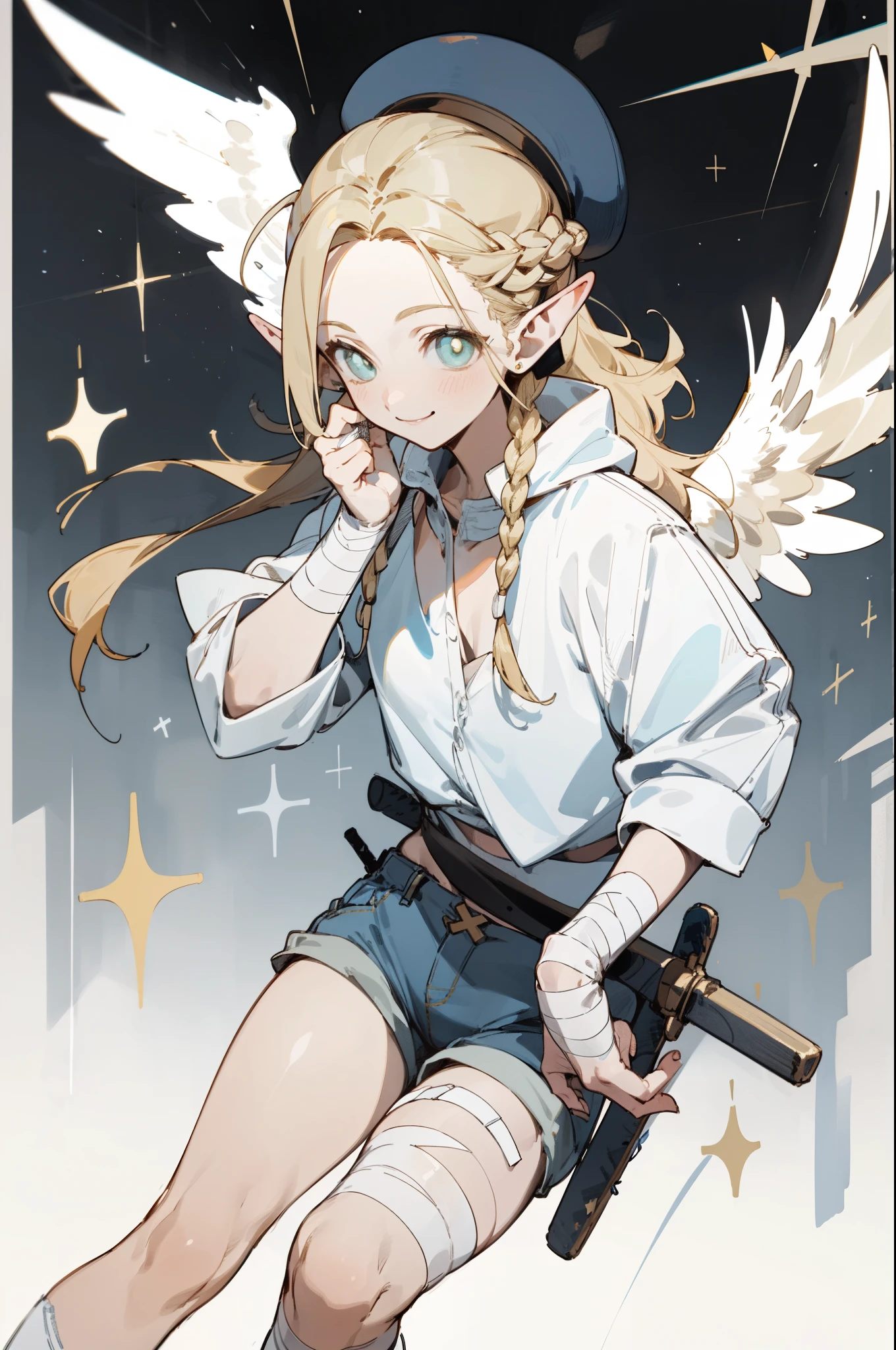 Wearing a bikini、Wearing a hat and a sword, Wearing headphones,(masterpiece, best quality) detailed,silver accessories , Blonde ,elegant, Pointed ears ，White shirt，shorts，Double tail，Waist-length hair，Smile，Star decoration，White lace socks，Angel，bandage，Cross，cross