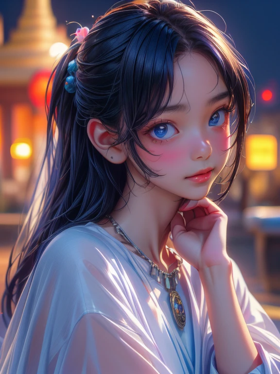 (8k, RAW Photos, highest quality, masterpiece:1.2), (Realistic, photo-Realistic:1.37),st. Louis (Luxury Wheels) (Azur Lane),One girl,(Myanmar girl), (Charming monkey:1),hair ornaments, Portraiture, (Myanmar traditional costume:1.1), necklace, Blue Claws,cute,Cityscape, night, rain, Wet, Professional Lighting, Photon Mapping, Radio City, Physically Based Rendering, Background Shwedagon Pagoda