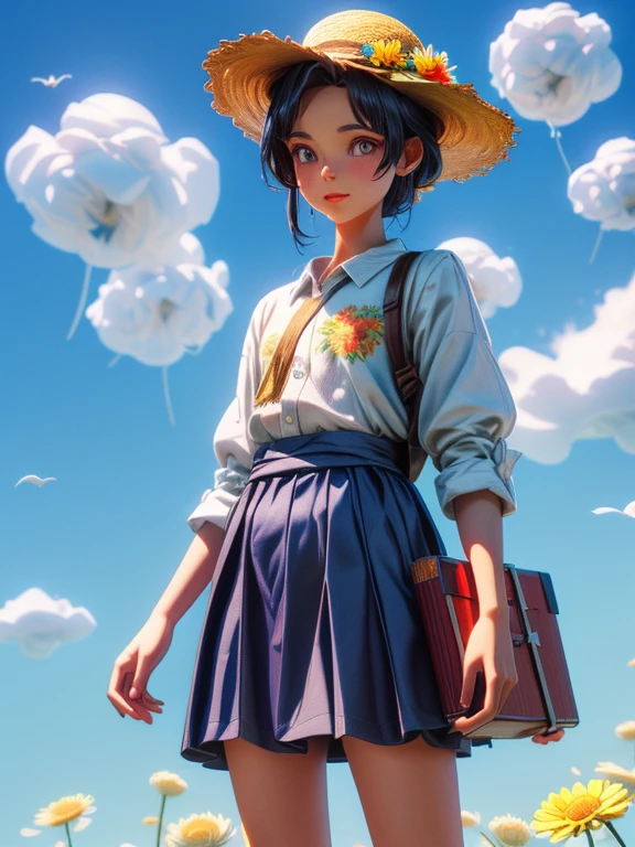 There is a suitcase with a straw hat on top., cloud, atmosphere, leaf, Floating Chrysanthemums, paper airplane, (Miniature: 1.2), 2.5D illustration, 3D Rendering, 3D Modeling, Bubble Mat, Behans 3D Art Trends, Behans 3D Art Trends, 3D illustration, 3D illustration, 3D illustration, Commercial Illustration, Cinema 4D Color Rendering, 3D Rendering stylization, stylized digital illustration, 3D stylized scene, stylized 3D Rendering