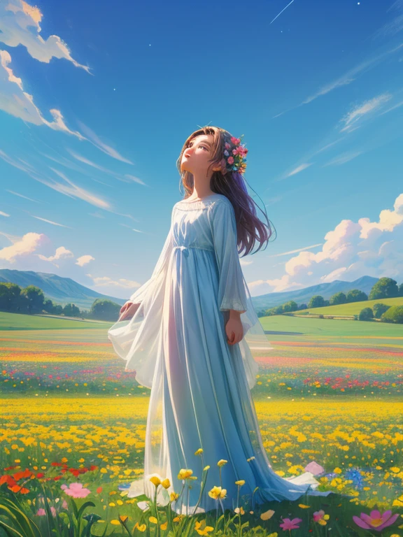 There is a girl Standing in a flower field looking up at the sky, a girl Standing in a flower field, Girl walking in a flower field, I was lost in a dream-like wonderland, Standing in a flower field, Amazing digital painting, The sky gradually cleared, The starry sky is gradually々moving away from  