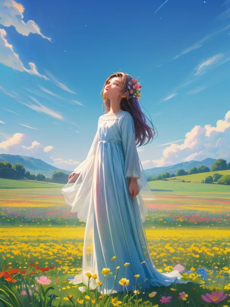 there is a girl standing in a flower field looking up at the sky, a girl standing in a flower field, girl walking in a flower fi...