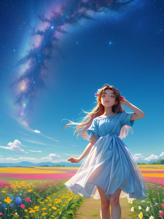 There is a girl Standing in a flower field looking up at the sky, a girl Standing in a flower field, Girl walking in a flower field, I was lost in a dream-like wonderland, Standing in a flower field, Amazing digital painting, The sky gradually cleared, The starry sky is gradually々moving away from  