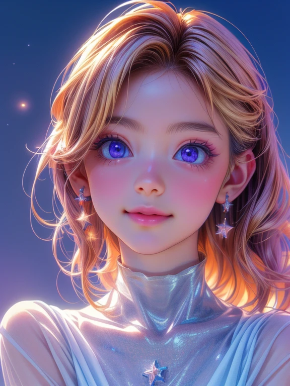 (best quality,4k,8k,highres,masterpiece:1.2),ultra-detailed,(realistic,photorealistic,photo-realistic:1.37),anime style,portrait:1.1,colorful vibrant palette,a girl blowing bubbles under the starry sky,purple eyes,bright blonde hair,sparkling bubbles,joyful expression,light breeze,glowing stars,floating clouds,shimmering moonlight,starry background,soft pastel colors,luminous glow,reflective surfaces,happy atmosphere,magical ambiance