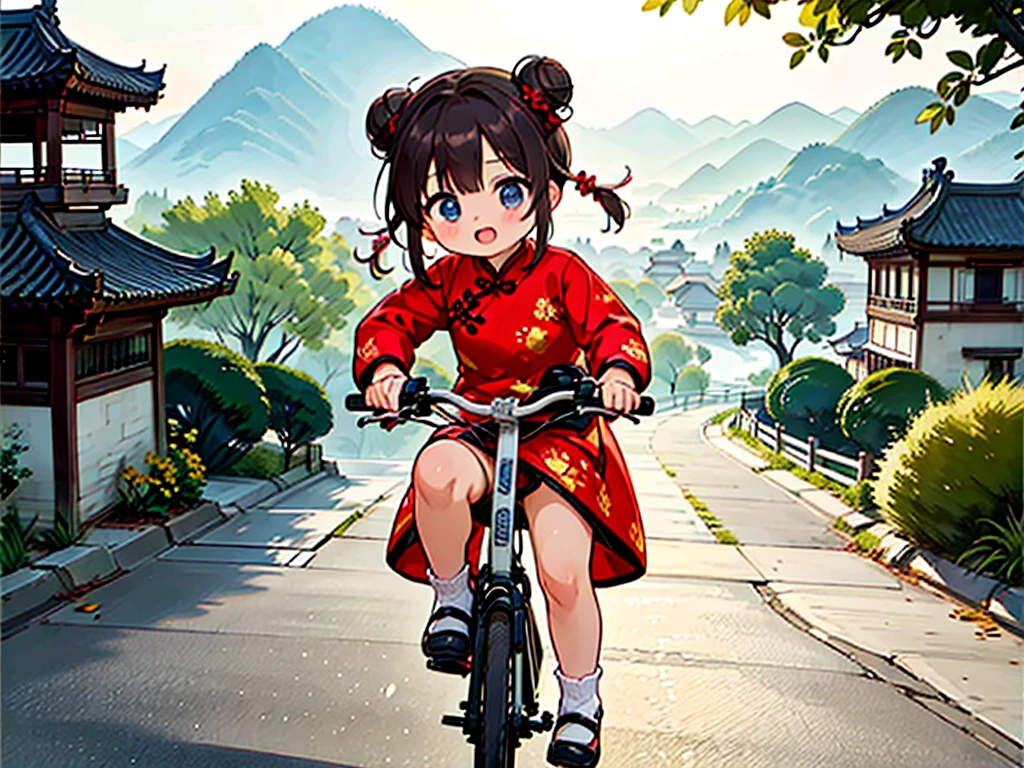 quality\(8k,wallpaper of extremely detailed CG unit, ​masterpiece,hight resolution,top-quality,top-quality real texture skin,hyper realisitic,increase the resolution,RAW photos,best qualtiy,highly detailed,the wallpaper,cinematic lighting,ray trace,golden ratio\), BREAK ,solo,1woman\(cute,kawaii,small kid,hair floating,hair color dark brown,braid twin bun hair,eye color dark brown,big eyes,red cheongsam,breast,riding a old classic chinese bicycle,dynamic angle,long shot,full body,long shot\),background\(outside,chinese countryside,main street,csal_scenery\),[nsfw:2.0],long shot