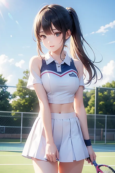 1girl,solo,high school student,big tits,aimpid, raise a arms,cute,tennis player,tennis uniform, in tennis court,have a tennis ra...