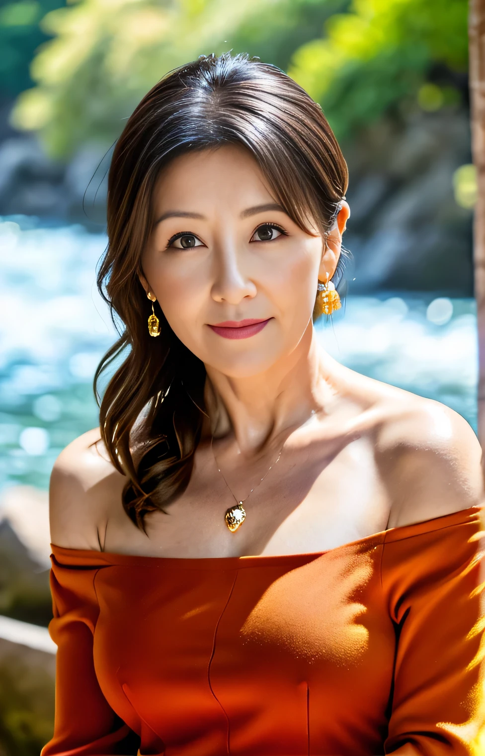 Professional, High level of detail, close up photo (attractive mature 45yo woman:1.3), long black hair,(red long dress, off shoulder, satin long skirt)1.455, ray tracing, natural lighting, (seductive:1.1), (blushing:1.1 ), detailed finger, perfect finger, (classy, elegant, dandy)1.2, (pokies)1.3, (toned body, hourglass body shape) (wipe hips), (full body with visible face and eyes)1.5, glasses, earnings, sakura forest, river, standing, golden necklace