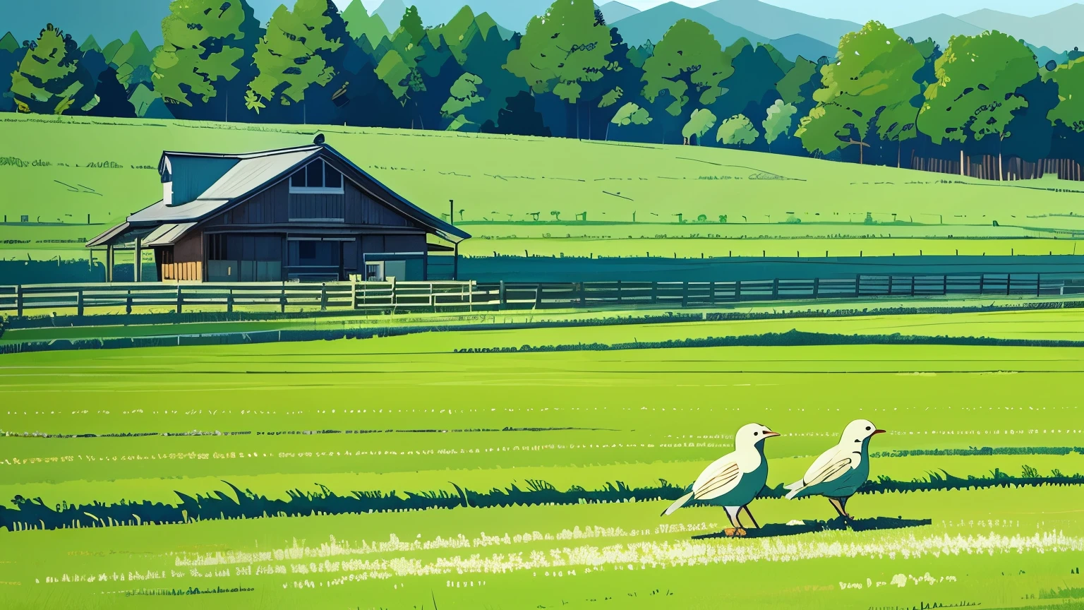 {{{{{Pixel Style}}}}},Refreshing morning，lawn，Ogiya，windmill，Little birds are flying，There are many crops，spring，Small fresh，Light green