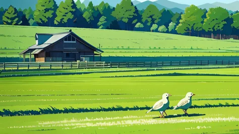 {{{{{pixel style}}}}},refreshing morning，lawn，ogiya，windmill，little birds are flying，there are many crops，spring，small fresh，lig...