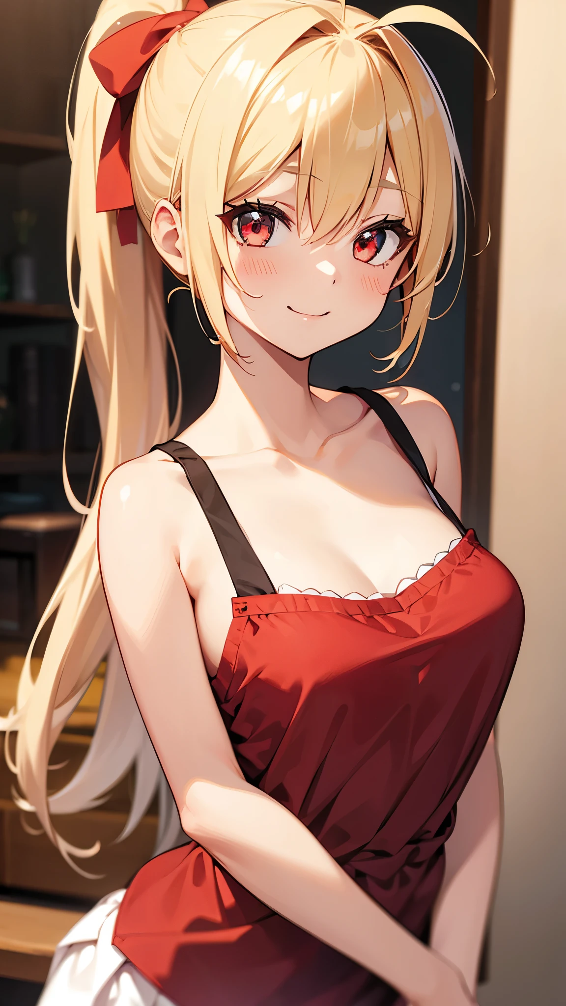 1 girl、Slim figure、Blonde ponytail、Ahoge、Beautiful red eyes、animation、Camisole blouse、smile