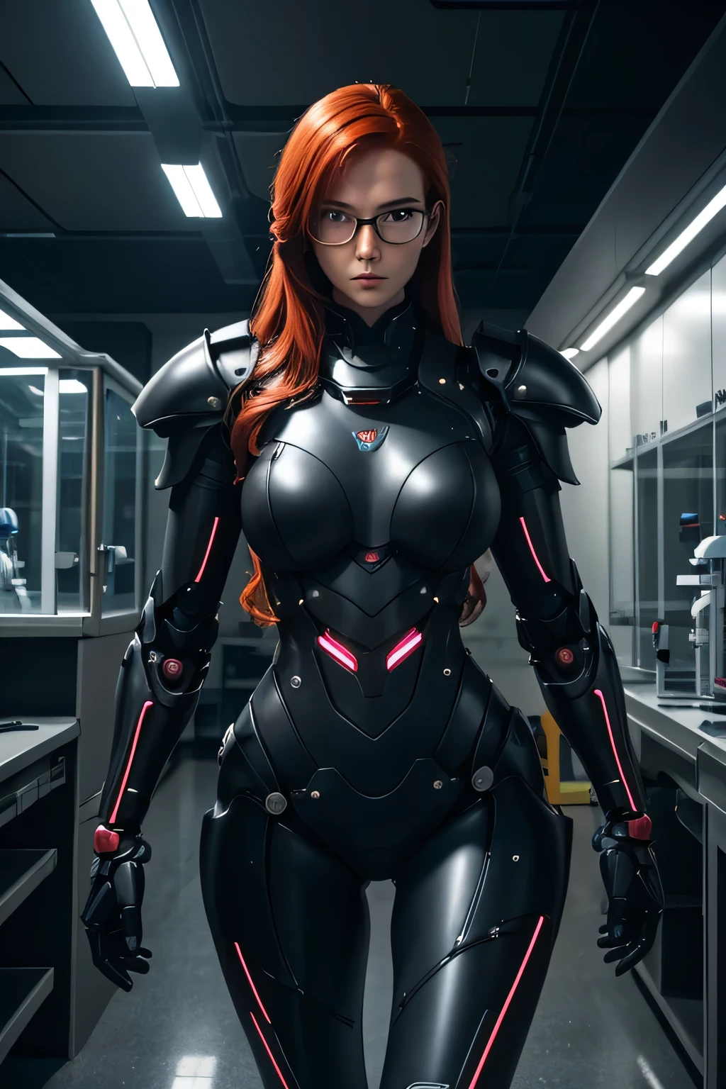 A female spy robot sneaks into the office at night....redhead, wears glasses, large breasts, 　Mechanical arms　mechanical legs　Mechanical body , segmented armour, black and neon armour, mastetpiece, accurate, Anatomically correct, Textured skin, Super Detail, high details, High quality, Best Quality, hight resolution