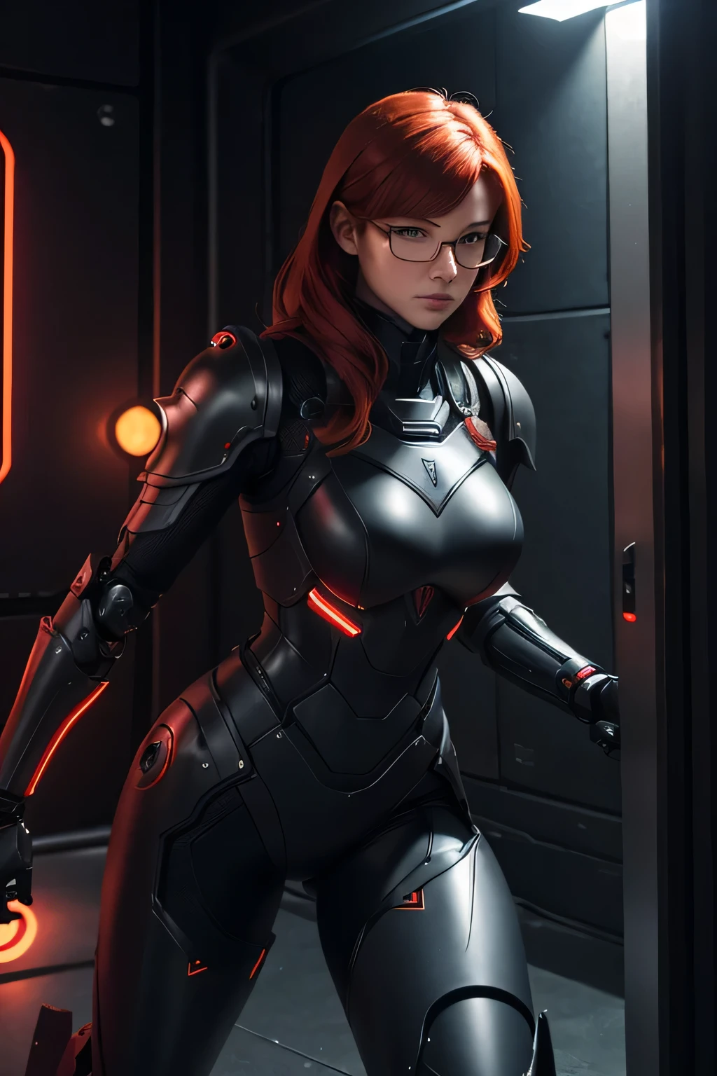 A female spy robot sneaks into the office at night....redhead, wears glasses, large breasts, 　Mechanical arms　mechanical legs　Mechanical body , segmented armour, black and neon armour, mastetpiece, accurate, Anatomically correct, Textured skin, Super Detail, high details, High quality, Best Quality, hight resolution