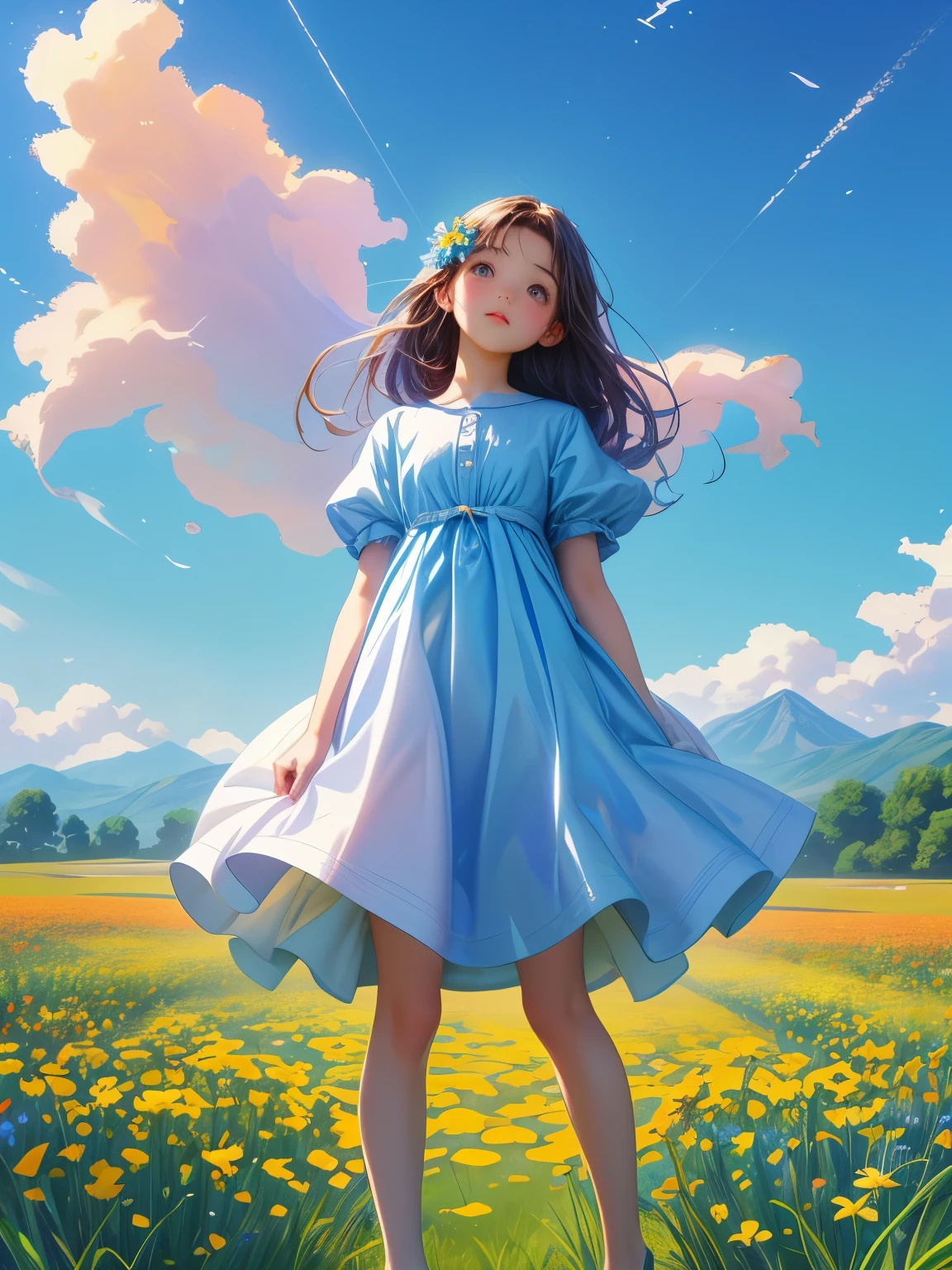 There is a girl Standing in a flower field looking up at the sky, a girl Standing in a flower field, Girl walking in a flower field, I was lost in a dream-like wonderland, Standing in a flower field, Amazing digital painting, The sky gradually cleared, The starry sky is gradually々moving away from  